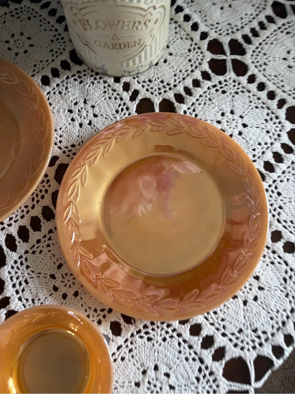 Fire King Peach Luster Laurel 4 Dessert Bowls/2 Plates/ 1 Pink Swirl